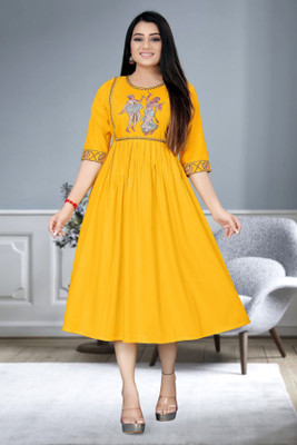 DICHIKA CREATION Women Fit and Flare Yellow Midi/Calf Length Dress
