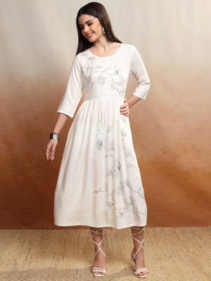 Vishudh Women A-line White Midi/Calf Length Dress