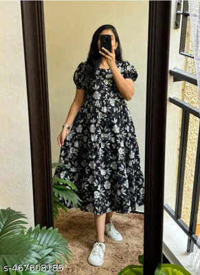 Assamica Women Fit and Flare Black Midi/Calf Length Dress