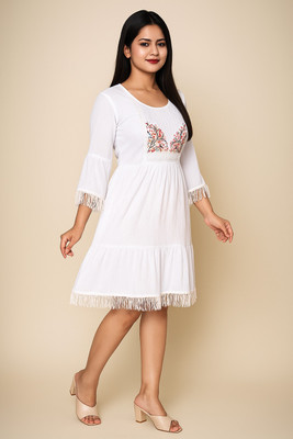 MCST Women Fit and Flare White Above Knee/Mid Thigh Length Dress