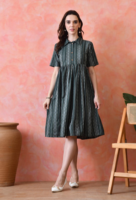 VCJ CREATION Women A-line Dark Green Knee Length Dress