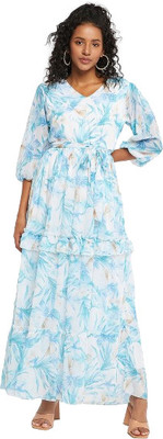 HouseOfCommon Women Fit and Flare White, Light Blue Maxi/Full Length Dress