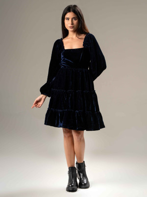 Urban Sundari Women Fit and Flare Blue Above Knee/Mid Thigh Length Dress