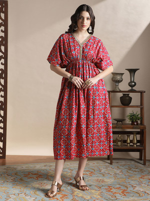 Globus Women Fit and Flare Multicolor Midi/Calf Length Dress