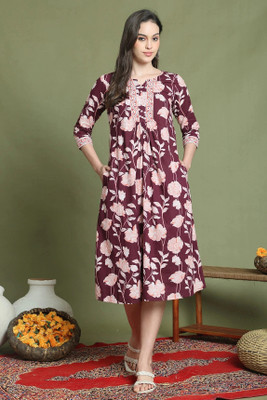 Rajnandini Women A-line Maroon Midi/Calf Length Dress