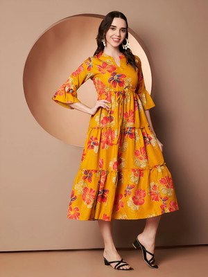 ZWERLON Women A-line Yellow Midi/Calf Length Dress