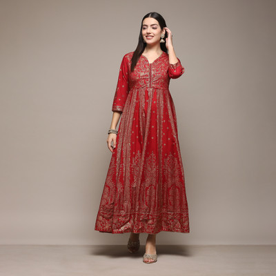 BIBA Women Ethnic Dress Red, Gold Maxi/Full Length Dress