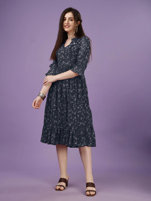 Herway Women Fit and Flare Dark Blue Midi/Calf Length Dress