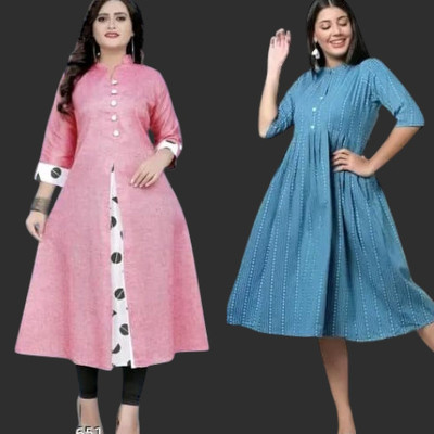 Houseofcommonk Women Printed Anarkali Kurta(Pink, Light Blue)