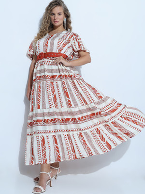 Vero Moda Curve Women Fit and Flare Orange, White Midi/Calf Length Dress