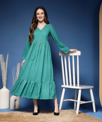 Daevish Women Fit and Flare Green Maxi/Full Length Dress