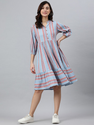 Janasya Women Fit and Flare Light Blue Above Knee/Mid Thigh Length Dress