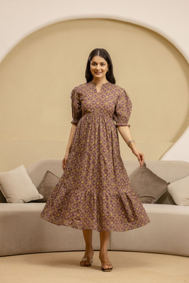NG CREATION Women Fit and Flare Brown Midi/Calf Length Dress