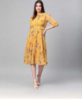 SASSAFRAS Women Pleated Green, White, Yellow Midi/Calf Length Dress
