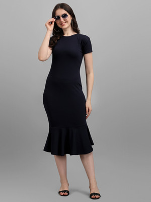 PURVAJA Women Bodycon Dark Blue Midi/Calf Length Dress