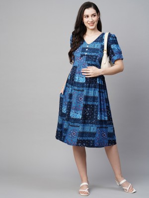 MomToBe Women Fit and Flare Blue Dress