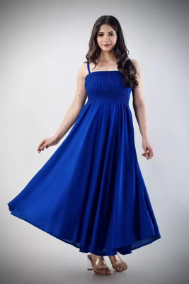 Biubaa Women Fit and Flare Dark Blue Maxi/Full Length Dress