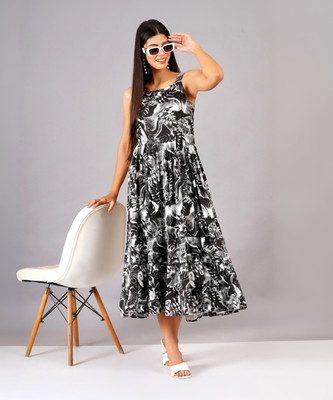 JC4U Women Gathered Black Midi/Calf Length Dress