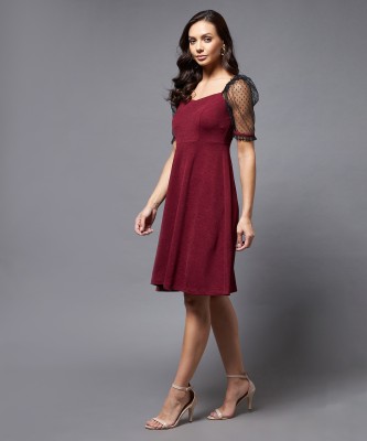 Miss Chase Women Fit and Flare Maroon, Black Dress