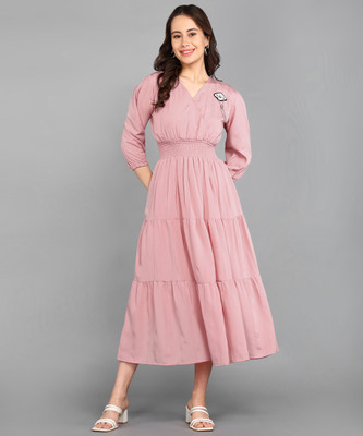 IQRA ENTERPRISE Women Fit and Flare Pink Midi/Calf Length Dress
