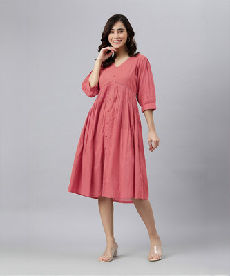 Janasya Women Fit and Flare Pink Midi/Calf Length Dress