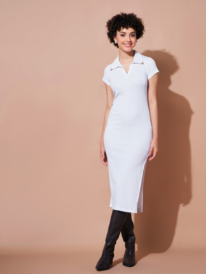 SASSAFRAS Women Bodycon White Midi/Calf Length Dress