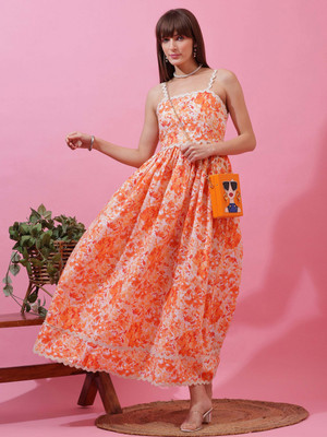 Honky Tonky Women Fit and Flare Orange Midi/Calf Length Dress