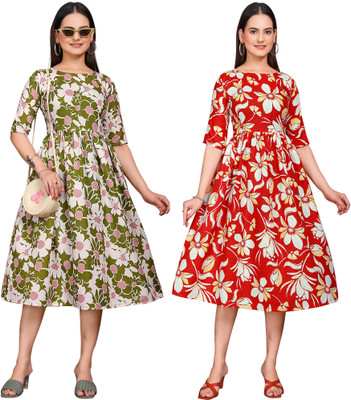Rinra Women A-line Multicolor Midi/Calf Length Dress