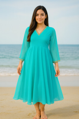 maanya Women Fit and Flare Light Green Maxi/Full Length Dress