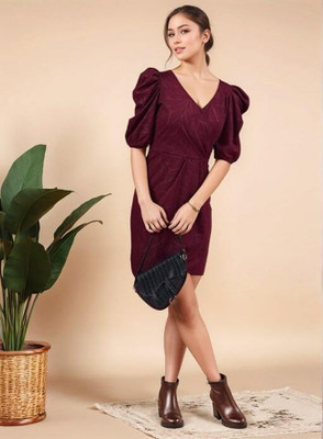 Mast & Harbour Women Bodycon Maroon Above Knee/Mid Thigh Length Dress