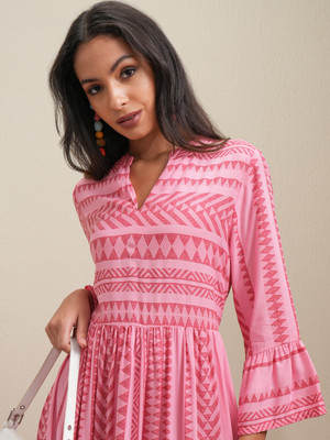 Vishudh Women Fit and Flare Pink Maxi/Full Length Dress