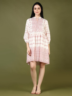 V-MART Women A-line White, Pink Knee Length Dress