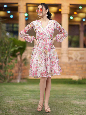Moda Rapido Women Fit and Flare Pink Knee Length Dress