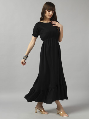 Krunal Raiyani Women Fit and Flare Black Maxi/Full Length Dress