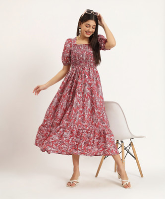 Jash Creation Women Fit and Flare Pink Midi/Calf Length Dress