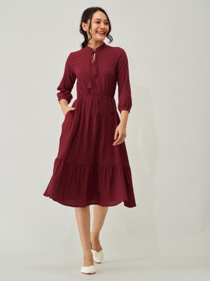 AASK Women Fit and Flare Maroon Midi/Calf Length Dress