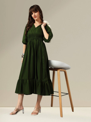 Krunal Raiyani Women Fit and Flare Light Green Midi/Calf Length Dress