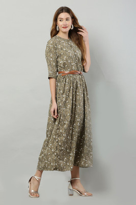 A R J FASHION Women Fit and Flare Green Maxi/Full Length Dress