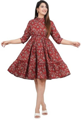 ARJJRA Women Fit and Flare Maroon Above Knee/Mid Thigh Length Dress