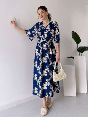 HouseOfCommon Women Fit and Flare Dark Blue Midi/Calf Length Dress