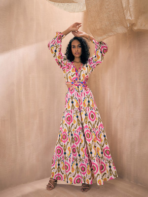 Pink Paprika By SASSAFRAS Women Fit and Flare White, Multicolor Maxi/Full Length Dress