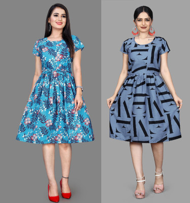 HOUSE OFF COMMON Women Fit and Flare Multicolor Below Knee Dress