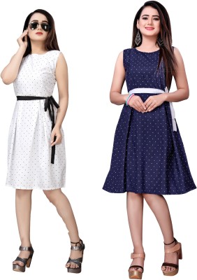 Hiral Creation Women Fit and Flare Blue, White Dress