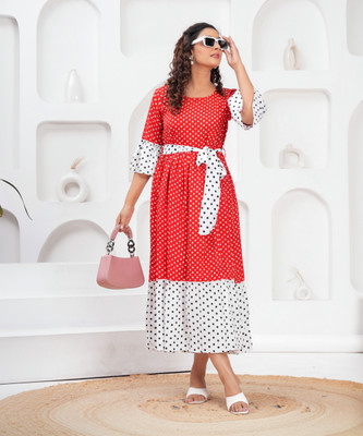 Jyoti Women A-line Red Midi/Calf Length Dress