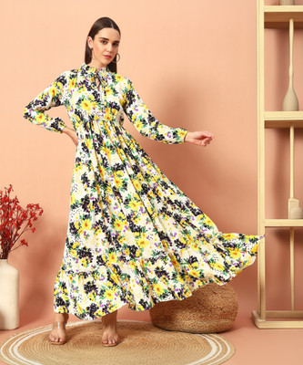 LookShine Women Fit and Flare White Maxi/Full Length Dress