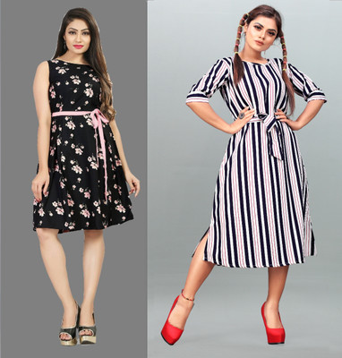 maruti fab Women Fit and Flare Pink, Black, White Below Knee Dress