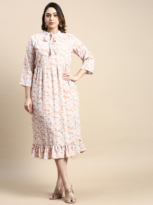 SHOWOFFFF Women Fit and Flare White, Yellow Midi/Calf Length Dress