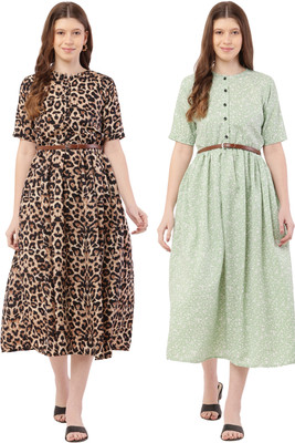 Mamnoon Women Fit and Flare Black, Beige Midi/Calf Length Dress