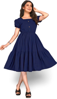 SHABRI FASHION Women Fit and Flare Blue Below Knee Dress
