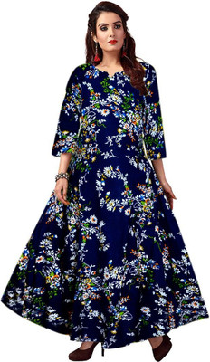 HouseOfCommon Women Fit and Flare Blue Maxi/Full Length Dress